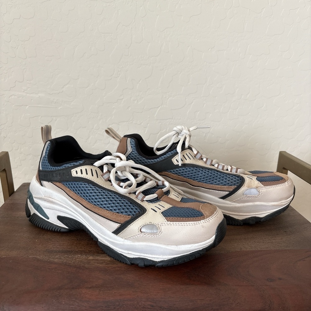 Skechers 52460 Men's Sneakers - Cream, Blue, and Brown. 9
